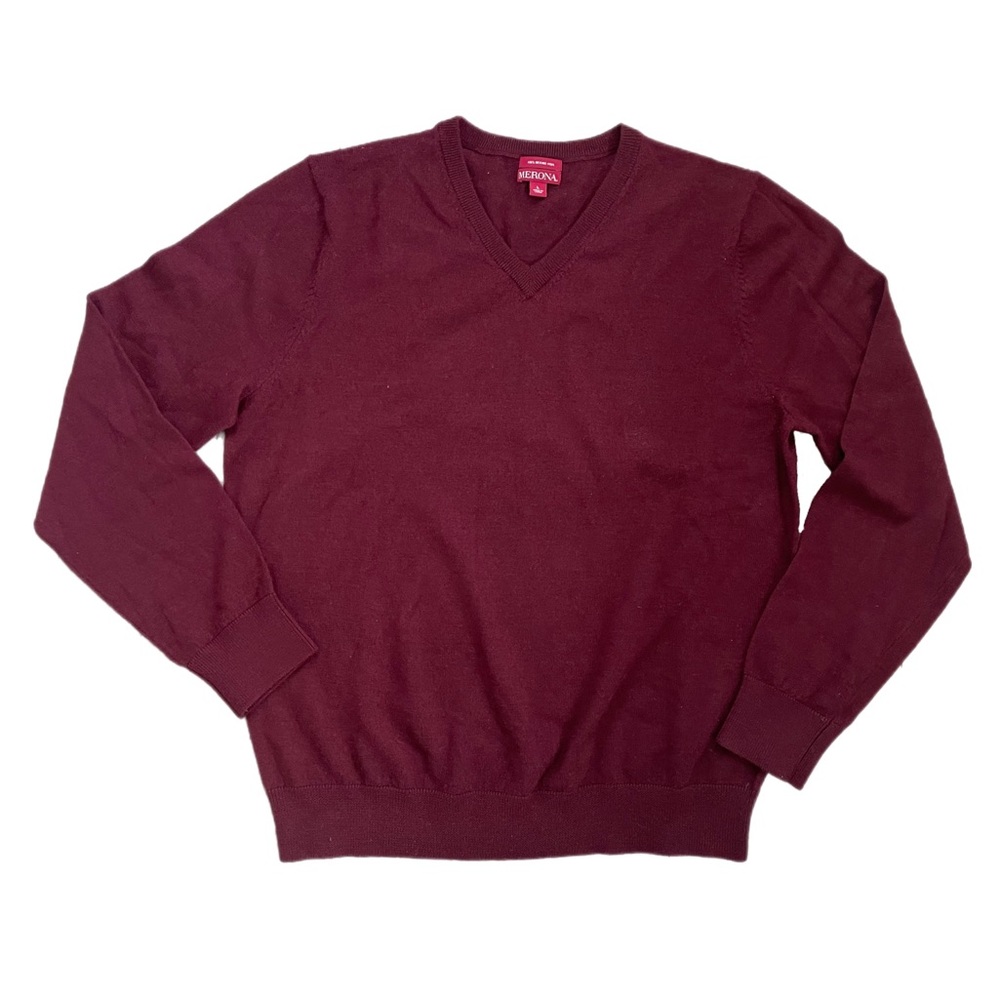 Merona men’s burgundy red lightweight merino wool v-neck pullover sweater